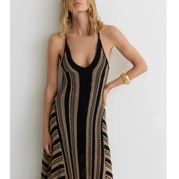 BEST REISS Annie Stripe Crochet-Knit Tie-Back Maxi Dress XS/S/M Black/Neutral - Picture 3 of 13